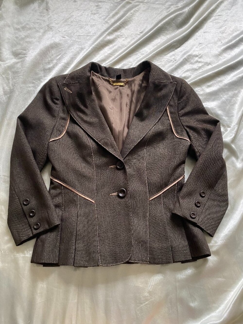 Vintage y2k Brown Cinched Pleated Fitted Blazer Bebe Size 4 Preppy Military Band